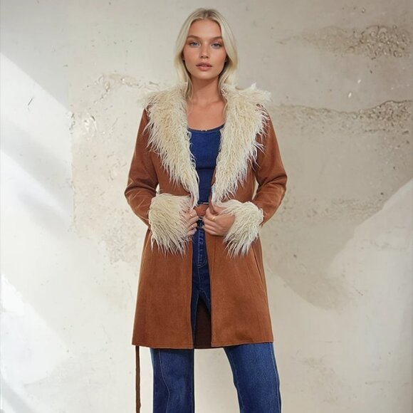 Boho Penny Lane Faux Suede Fur Trim Coat 🧥 | Lightweight | Festival Western Vib - Picture 2 of 3